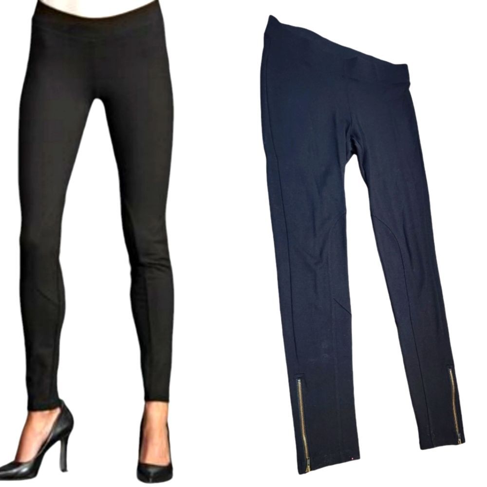 CABI Ponte Leggings Skinny Pants Black Gold Ankle Zipper‎ 144 Stretch Classic M